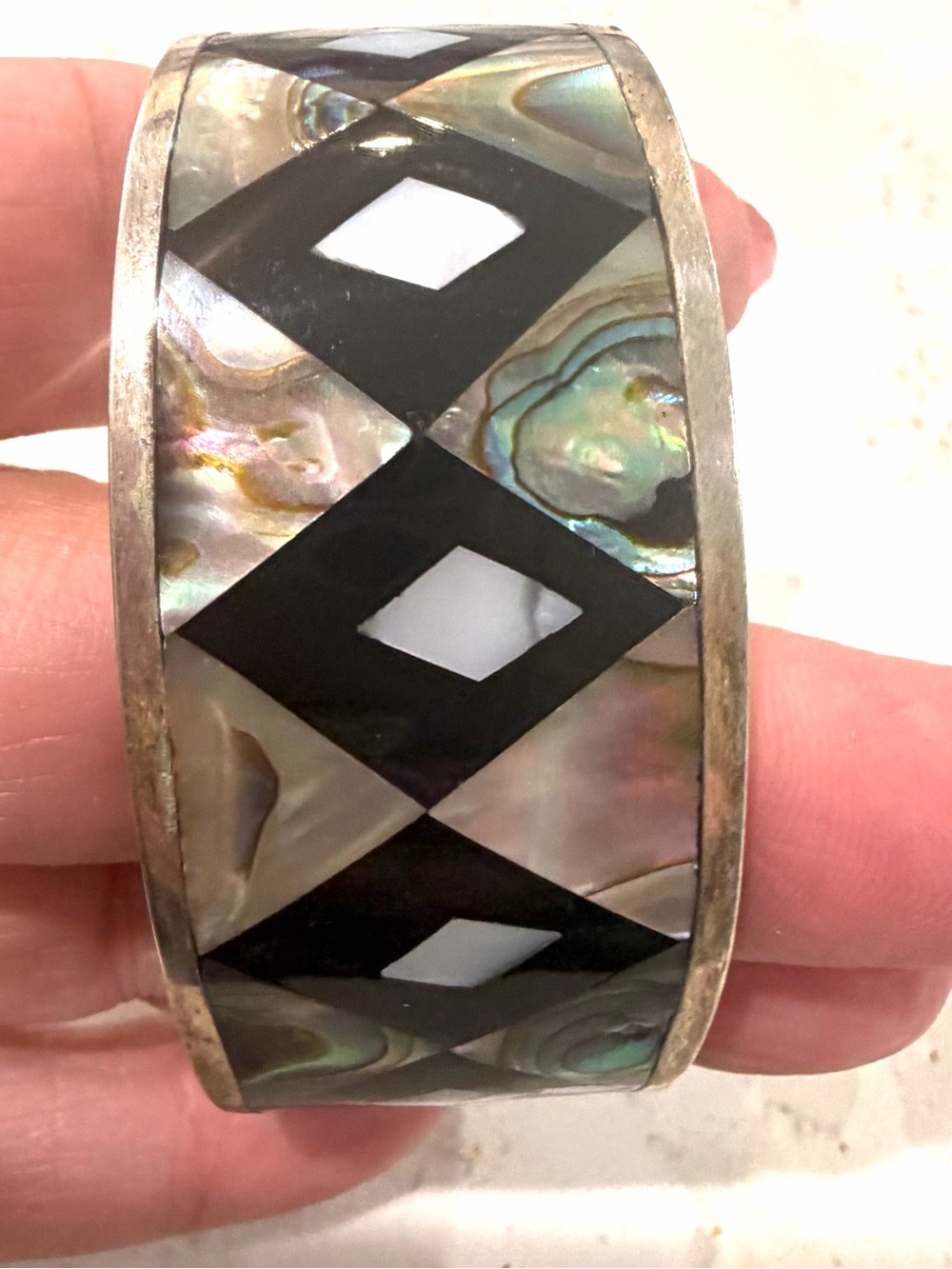 Vintage Alpaca Mexico Geometric Abalone & Mother-of-Pearl Cu